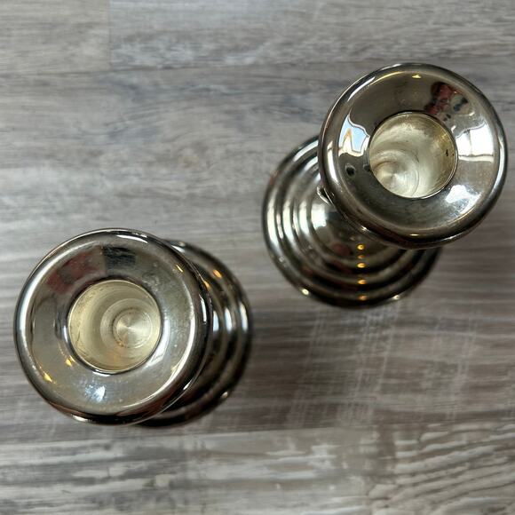 Vintage Silver Heart Candlestick Holders with Crystal Dangles – Set of 2 – 3.5" - Picture 2 of 4